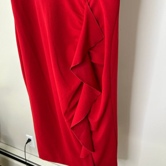Rachel Roy Red Dress-XL- Pencil w/ Ruffle, sleeveless, v neck, zippered, stretch - Picture 6 of 7